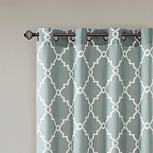For a casual and stylish update, our Madison Park Saratoga Fret Print Window Curtain is the perfect addition to any decor. This window panel features a trendy light beige fretwork on a seafoam ground, creating a simple yet modern look. The cotton blend basket weave fabric softly filters the perfect amount of sunlight into your home, while providing texture for natural appeal. Silver grommet top detail makes this panel easy to hang, open, and close throughout the day. Fits up to a 1.25" diameter rod.Imported | Scroll geometric fretwork print design window curtain panel in grommet top | Print detailing on cotton blend basketweave fabric | Silver grommet top finish | Opaque curtain that offers privacy | Machine washable