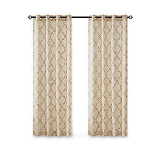For a casual and stylish update, our Madison Park Saratoga Fret Print Window Curtain is the perfect addition to any decor. This window panel features a trendy metallic gold fretwork on a soft beige ground, creating a simple yet modern look. The cotton blend basket weave fabric softly filters the perfect amount of sunlight into your home, while providing texture for natural appeal. Silver grommet top detail makes this panel easy to hang, open, and close throughout the day. Fits up to a 1.25" diameter rod.Imported | Scroll geometric fretwork print design window curtain panel in grommet top | Metallic print detailing on cotton blend basketweave fabric | Silver grommet top finish | Opaque curtain that offers privacy | Machine washable