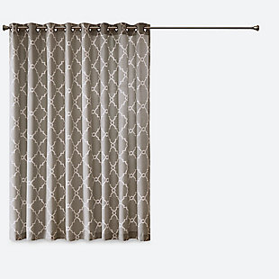 For a casual and stylish update, our Madison Park Saratoga Fret Print Patio Panel is the perfect addition to any decor. This patio panel features a trendy soft beige fretwork on a light grey ground, creating a simple yet modern look. The cotton blend basket weave fabric softly filters the perfect amount of sunlight into your home, while providing texture for natural appeal. Silver grommet top detail makes this panel easy to hang, open, and close throughout the day. Fits up to a 1.25" diameter rod.Imported | Scroll geometric fretwork print design window curtain panel in grommet top | Print detailing on cotton blend basketweave fabric | Silver grommet top finish | Opaque curtain that offers privacy | Machine washable