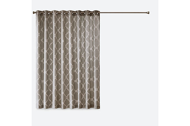 For a casual and stylish update, our Madison Park Saratoga Fret Print Patio Panel is the perfect addition to any decor. This patio panel features a trendy soft beige fretwork on a light grey ground, creating a simple yet modern look. The cotton blend basket weave fabric softly filters the perfect amount of sunlight into your home, while providing texture for natural appeal. Silver grommet top detail makes this panel easy to hang, open, and close throughout the day. Fits up to a 1.25" diameter rod.Imported | Scroll geometric fretwork print design window curtain panel in grommet top | Print detailing on cotton blend basketweave fabric | Silver grommet top finish | Opaque curtain that offers privacy | Machine washable