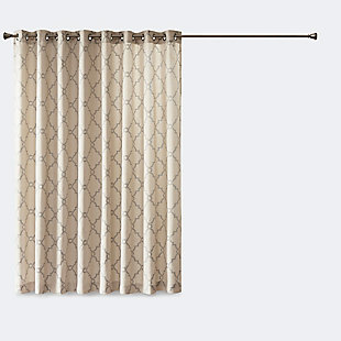 For a casual and stylish update, our Madison Park Saratoga Fret Print Patio Panel is the perfect addition to any decor. This patio panel features a trendy soft grey fretwork on a light beige ground, creating a simple yet modern look. The cotton blend basket weave fabric softly filters the perfect amount of sunlight into your home, while providing texture for natural appeal. Silver grommet top detail makes this panel easy to hang, open, and close throughout the day. Fits up to a 1.25" diameter rod.Imported | Scroll geometric fretwork print design window curtain panel in grommet top | Print detailing on cotton blend basketweave fabric | Silver grommet top finish | Opaque curtain that offers privacy | Machine washable