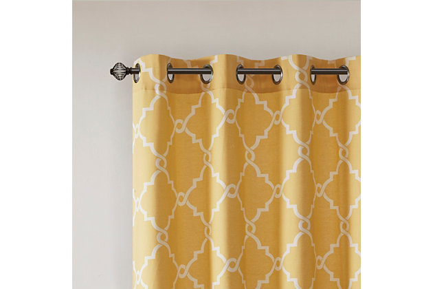 For a casual and stylish update, our Madison Park Saratoga Fret Print Patio Panel is the perfect addition to any decor. This patio panel features a trendy light beige fretwork on a soft yellow ground, creating a simple yet modern look. The cotton blend basket weave fabric softly filters the perfect amount of sunlight into your home, while providing texture for natural appeal. Silver grommet top detail makes this panel easy to hang, open, and close throughout the day. Fits up to a 1.25" diameter rod.Imported | Scroll geometric fretwork print design window curtain panel in grommet top | Print detailing on cotton blend basketweave fabric | Silver grommet top finish | Opaque curtain that offers privacy | Machine washable