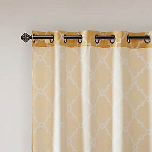 For a casual and stylish update, our Madison Park Saratoga Fret Print Patio Panel is the perfect addition to any decor. This patio panel features a trendy light beige fretwork on a soft yellow ground, creating a simple yet modern look. The cotton blend basket weave fabric softly filters the perfect amount of sunlight into your home, while providing texture for natural appeal. Silver grommet top detail makes this panel easy to hang, open, and close throughout the day. Fits up to a 1.25" diameter rod.Imported | Scroll geometric fretwork print design window curtain panel in grommet top | Print detailing on cotton blend basketweave fabric | Silver grommet top finish | Opaque curtain that offers privacy | Machine washable