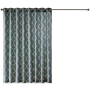 For a casual and stylish update, our Madison Park Saratoga Fret Print Patio Panel is the perfect addition to any decor. This patio panel features a trendy light beige fretwork on a soft blue ground, creating a simple yet modern look. The cotton blend basket weave fabric softly filters the perfect amount of sunlight into your home, while providing texture for natural appeal. Silver grommet top detail makes this panel easy to hang, open, and close throughout the day. Fits up to a 1.25" diameter rod.Imported | Scroll geometric fretwork print design window curtain panel in grommet top | Print detailing on cotton blend basketweave fabric | Silver grommet top finish | Opaque curtain that offers privacy | Machine washable