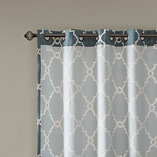 For a casual and stylish update, our Madison Park Saratoga Fret Print Patio Panel is the perfect addition to any decor. This patio panel features a trendy light beige fretwork on a soft blue ground, creating a simple yet modern look. The cotton blend basket weave fabric softly filters the perfect amount of sunlight into your home, while providing texture for natural appeal. Silver grommet top detail makes this panel easy to hang, open, and close throughout the day. Fits up to a 1.25" diameter rod.Imported | Scroll geometric fretwork print design window curtain panel in grommet top | Print detailing on cotton blend basketweave fabric | Silver grommet top finish | Opaque curtain that offers privacy | Machine washable