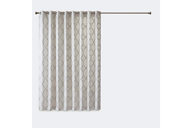 For a casual and stylish update, our Madison Park Saratoga Fret Print Patio Panel is the perfect addition to any decor. This patio panel features a trendy metallic silver fretwork on a soft ivory ground, creating a simple yet modern look. The cotton blend basket weave fabric softly filters the perfect amount of sunlight into your home, while providing texture for natural appeal. Silver grommet top detail makes this panel easy to hang, open, and close throughout the day. Fits up to a 1.25" diameter rod.Imported | Scroll geometric fretwork print design window curtain panel in grommet top | Curtain dimension 100x84, wide enough to cover your patio door | Metallic print detailing on cotton blend basketweave fabric | Silver grommet top finish | Opaque curtain that offers privacy | Machine washable