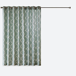 For a casual and stylish update, our Madison Park Saratoga Fret Print Patio Panel is the perfect addition to any decor. This patio panel features a trendy light beige fretwork on a seafoam ground, creating a simple yet modern look. The cotton blend basket weave fabric softly filters the perfect amount of sunlight into your home, while providing texture for natural appeal. Silver grommet top detail makes this panel easy to hang, open, and close throughout the day. Fits up to a 1.25" diameter rod.Imported | Scroll geometric fretwork print design window curtain panel in grommet top | Print detailing on cotton blend basketweave fabric | Silver grommet top finish | Opaque curtain that offers privacy | Machine washable