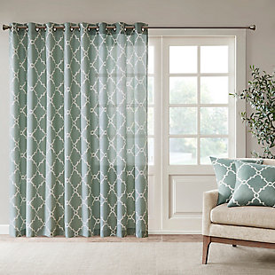 For a casual and stylish update, our Madison Park Saratoga Fret Print Patio Panel is the perfect addition to any decor. This patio panel features a trendy light beige fretwork on a seafoam ground, creating a simple yet modern look. The cotton blend basket weave fabric softly filters the perfect amount of sunlight into your home, while providing texture for natural appeal. Silver grommet top detail makes this panel easy to hang, open, and close throughout the day. Fits up to a 1.25" diameter rod.Imported | Scroll geometric fretwork print design window curtain panel in grommet top | Print detailing on cotton blend basketweave fabric | Silver grommet top finish | Opaque curtain that offers privacy | Machine washable