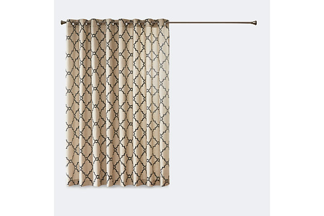 For a casual and stylish update, our Madison Park Saratoga Fret Print Patio Panel is the perfect addition to any decor. This patio panel features a trendy black fretwork on a soft khaki ground, creating a simple yet modern look. The cotton blend basket weave fabric softly filters the perfect amount of sunlight into your home, while providing texture for natural appeal. Silver grommet top detail makes this panel easy to hang, open, and close throughout the day. Fits up to a 1.25" diameter rod.Imported | Scroll geometric fretwork print design window curtain panel in grommet top | Print detailing on cotton blend basketweave fabric | Silver grommet top finish | Opaque curtain that offers privacy | Machine washable