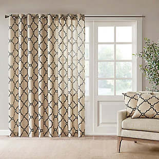 For a casual and stylish update, our Madison Park Saratoga Fret Print Patio Panel is the perfect addition to any decor. This patio panel features a trendy black fretwork on a soft khaki ground, creating a simple yet modern look. The cotton blend basket weave fabric softly filters the perfect amount of sunlight into your home, while providing texture for natural appeal. Silver grommet top detail makes this panel easy to hang, open, and close throughout the day. Fits up to a 1.25" diameter rod.Imported | Scroll geometric fretwork print design window curtain panel in grommet top | Print detailing on cotton blend basketweave fabric | Silver grommet top finish | Opaque curtain that offers privacy | Machine washable