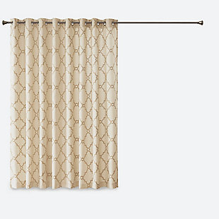 For a casual and stylish update, our Madison Park Saratoga Fret Print Patio Panel is the perfect addition to any decor. This patio panel features a trendy metallic gold fretwork on a soft beige ground, creating a simple yet modern look. The cotton blend basket weave fabric softly filters the perfect amount of sunlight into your home, while providing texture for natural appeal. Silver grommet top detail makes this panel easy to hang, open, and close throughout the day. Fits up to a 1.25" diameter rod.Imported | Scroll geometric fretwork print design window curtain panel in grommet top | Curtain dimension 100x84, wide enough to cover your patio door | Metallic print detailing on cotton blend basketweave fabric | Silver grommet top finish | Opaque curtain that offers privacy | Machine washable