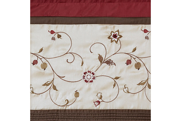Add simple elegance to any room with the Madison Park Serene Embroidered Window Panel. This window curtain features delicate floral embroidery in rich red and natural hues, offering beautiful contrast for a sophisticated look. The pieced and pleated details provide extra dimension and charm to your home décor, while added lining helps filter the perfect amount of sunlight into your home. Simply hang with rod pocket or backs tabs for a tailored look. Fits up to a 1.25" diameter rod.Imported | Floral embroidery design | Pleated detailing | Added lining to help filter light and provide some room darkening | Rod pocket and back tabs top finish
