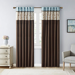 Add simple elegance to any room with the Madison Park Serene Embroidered Window Panel. This window curtain features delicate floral embroidery in soft blue and natural hues, offering beautiful contrast for a sophisticated look. The pieced and pleated details provide extra dimension and charm to your home décor, while added lining helps filter the perfect amount of sunlight into your home. Simply hang with rod pocket or backs tabs for a tailored look. Fits up to a 1.25" diameter rod.Imported | Floral embroidery design | Pleated detailing | Added lining to help filter light and provide some room darkening | Rod pocket and back tabs top finish