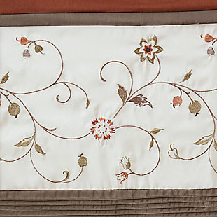 Add simple elegance to any room with the Madison Park Serene Embroidered Window Panel. This window curtain features delicate floral embroidery in rust spice and neutral hues, offering beautiful contrast for a sophisticated look. The pieced and pleated details provide extra dimension and charm to your home decor, while added lining helps filter the perfect amount of sunlight into your home. Simply hang with rod pocket or backs tabs for a tailored look. Fits up to a 1.25" diameter rod.Imported | Embroidery | Pieced and pleated detailing | Added polyester lining | Rod pocket and back tabs