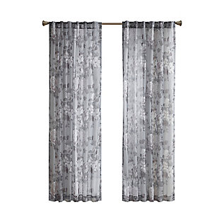 Madison Park Simone Printed Floral Twist Tab Top Voile Sheer Curtain Panel, Gray, rollover