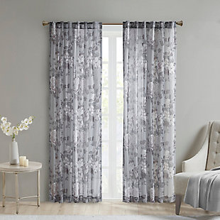 Madison Park Simone Printed Floral Twist Tab Top Voile Sheer Curtain Panel, Gray, large