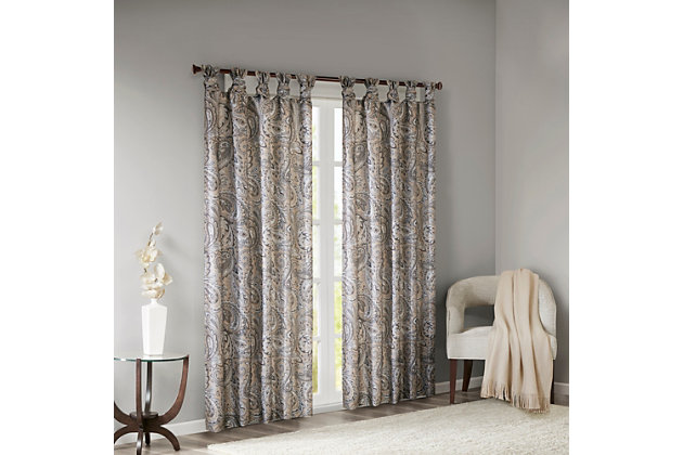 The Madison Park Yvette Twist Tab Paisley Printed Window Panel offers a stunning and dressy update to your home decor. This curtain features a beautiful paisley print in rich taupe hues, combined with a light sheen faux silk base fabric for an elegant and traditional look. Our unique DIY twist tab top finish creates beautiful rich folds and gives your decor a professional decorator’s touch. Added lining provides better drapability and additional privacy, while sot filtering the perfect amount of light into your home. Fits up to a 1.25” diameter rod.Imported | Diy twist tab top finish | All over paisley print design on faux silk fabric | Added lining for better drapability and light filtering