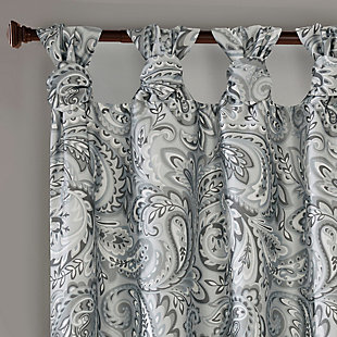 The Madison Park Yvette Twist Tab Paisley Printed Window Panel offers a stunning and dressy update to your home decor. This curtain features a beautiful paisley print in soft grey hues, combined with a light sheen faux silk base fabric for an elegant and traditional look. Our unique DIY twist tab top finish creates beautiful rich folds and gives your decor a professional decorator’s touch. Added lining provides better drapability and additional privacy, while sot filtering the perfect amount of light into your home. Fits up to a 1.25” diameter rod.Imported | Diy twist tab top finish | All over paisley print design on faux silk fabric | Added lining for better drapability and light filtering