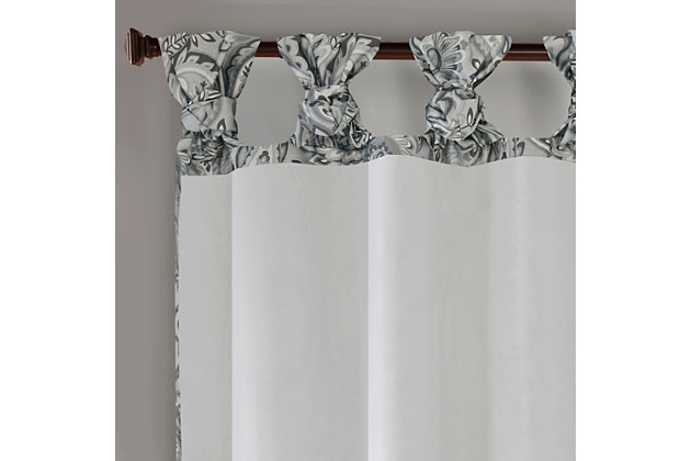 The Madison Park Yvette Twist Tab Paisley Printed Window Panel offers a stunning and dressy update to your home decor. This curtain features a beautiful paisley print in soft grey hues, combined with a light sheen faux silk base fabric for an elegant and traditional look. Our unique DIY twist tab top finish creates beautiful rich folds and gives your decor a professional decorator’s touch. Added lining provides better drapability and additional privacy, while sot filtering the perfect amount of light into your home. Fits up to a 1.25” diameter rod.Imported | Diy twist tab top finish | All over paisley print design on faux silk fabric | Added lining for better drapability and light filtering