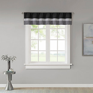 Madison Park Amherst Polyoni Pintuck Window Valance is a simple way to add style to your room. This window valance features a modern striped design in dark hues of black, charcoal, and silver combined with pintuck detailing for beautiful texture and dimension. The added lining helps filter the perfect amount of light and creates fullness for better drapability. Finished with a rod pocket top, this window valance fits up to a 1.25" diameter rod.Imported | Pieced and pintuck detailing | Added lining filtering light and for better drapability | Rod pocket top finish