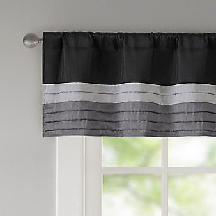 Madison Park Amherst Polyoni Pintuck Window Valance is a simple way to add style to your room. This window valance features a modern striped design in dark hues of black, charcoal, and silver combined with pintuck detailing for beautiful texture and dimension. The added lining helps filter the perfect amount of light and creates fullness for better drapability. Finished with a rod pocket top, this window valance fits up to a 1.25" diameter rod.Imported | Pieced and pintuck detailing | Added lining filtering light and for better drapability | Rod pocket top finish