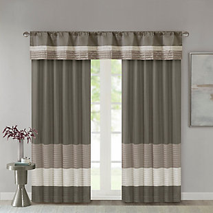 Madison Park Amherst Polyoni Pintuck Window Valance is a simple way to add style to your room. This window valance features a modern striped design in natural hues of ivory, taupe, and mocha combined with pintuck detailing for beautiful texture and dimension. The added lining helps filter the perfect amount of light and creates fullness for better drapability. Finished with a rod pocket top, this window valance fits up to a 1.25" diameter rod.Imported | Pieced and pintuck detailing | Added lining filtering light and for better drapability | Rod pocket top finish