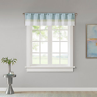 Madison Park Amherst Polyoni Pintuck Window Valance is a simple way to add style to your room. This window valance features a modern striped design in soft hues of green, aqua, and ivory combined with pintuck detailing for beautiful texture and dimension. The added lining helps filter the perfect amount of light and creates fullness for better drapability. Finished with a rod pocket top, this window valance fits up to a 1.25" diameter rod.Imported | Pieced and pintuck detailing | Added lining filtering light and for better drapability | Rod pocket top finish