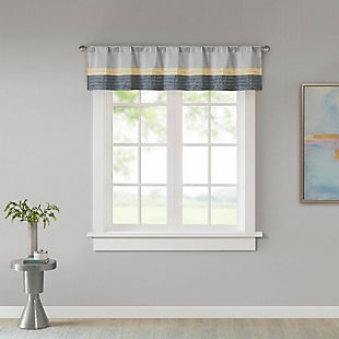 Amherst's modern color block design is a simple way to add style to any room. This window valance features color block stripes in hues grey and yellow, combined with pintuck detailing for beautiful texture and dimension. Added lining helps to filter the perfect amount of light and creates a fuller look. Hang using the rod pocket top. Fits up to 1.25" diameter rod.Imported | Pieced and pintucking detail | Light sheen fabric | Additional lining