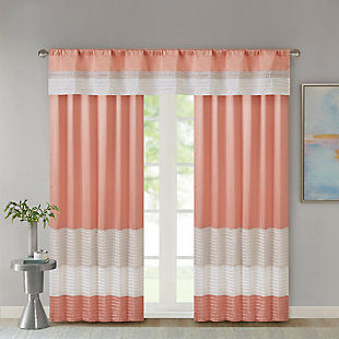 Amherst's modern color block design is a simple way to add style to any room. This window valance features color block stripes in warm hues of coral and taupe, combined with pintuck detailing for beautiful texture and dimension. Added lining helps to filter the perfect amount of light and creates a fuller look. Hang using the rod pocket top. Fits up to 1.25" diameter rod.Imported | Pieced and pintucking detail | Light sheen fabric | Additional lining