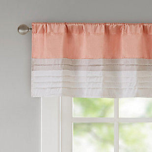 Amherst's modern color block design is a simple way to add style to any room. This window valance features color block stripes in warm hues of coral and taupe, combined with pintuck detailing for beautiful texture and dimension. Added lining helps to filter the perfect amount of light and creates a fuller look. Hang using the rod pocket top. Fits up to 1.25" diameter rod.Imported | Pieced and pintucking detail | Light sheen fabric | Additional lining