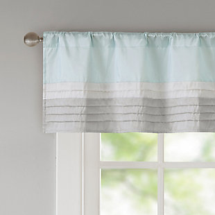 Amherst's modern color block design is a simple way to add style to any room. This window valance features color block stripes in soft hues of aqua, grey, and ivory combined with pintuck detailing for beautiful texture and dimension. Added lining helps to filter the perfect amount of light and creates a fuller look. Hang using the rod pocket top. Fits up to 1.25" diameter rod.Imported | Pieced and pintucking detail | Light sheen fabric | Additional lining