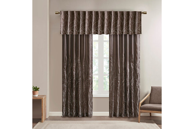 The Madison Park Andora Valance Combines Style And Nature In The Best Way. A Stri Tree Branch Design Is Embroidered On Beautiful Faux Silk, Creating Alluring Contrast And Dimension. The Valance Features Added Lining For More Privacy And Better Drapability, While The Luxurious Sheen Provides A Touch Of Sophistication To Your Decor. Finished With Rod Pocket Top; Fits Up To A 1.25” Diameter Rod. Perfect On Its Own For Windows Or Layer With Coordinate Panel Sold Separately For A Complete Look. Due To The Fabrication And All Over Embroidery Design, Some Texture And Crinkle Maybe Left After Steaming (Steam Only, Do Not Iron).Imported | All over embroidered branch design | Faux silk with light sheen base fabric | Added lining for finishing touch | Rod pocket and back tabs | Steam only, do not iron