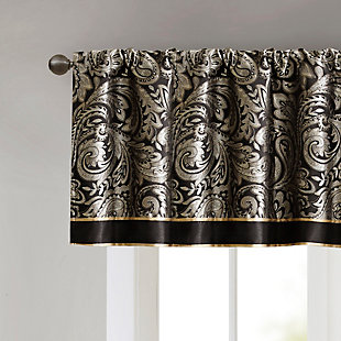 For a luxuriously classic style, our Madison Park Aubrey Window Valance is the perfect touch to your decor. The alluring jacquard weave is inspired from an updated paisley motif and is woven in beautiful hues of black, gold, and a hint of platinum for a shimmering accent. The window valance are pieced with solid faux silk and beautiful flat piping details in gold, creating an elegant look. Simply hang on rod pocket; fits up to a 1.25 diameter rod.Imported | Paisley jacquard weave design | Pieced border detailing | Rod pocket top finish