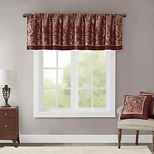 For a luxuriously classic style, our Madison Park Aubrey Window Valance is the perfect touch to your decor. The alluring jacquard weave is inspired from an updated paisley motif and is woven in beautiful hues of burnt red, gold, and a hint of platinum for a shimmering accent. The window valance are pieced with solid faux silk and beautiful flat piping details in gold, creating an elegant look. Simply hang on rod pocket; fits up to a 1.25 diameter rod.Imported | Paisley jacquard weave design | Pieced border detailing | Rod pocket top finish