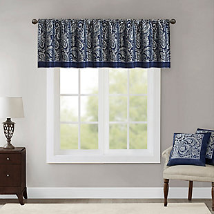For a luxuriously classic style, our Madison Park Aubrey Window Valance is the perfect touch to your decor. The alluring jacquard weave is inspired from an updated paisley motif and is woven in beautiful hues of navy, ivory, and a hint of silver for a shimmering accent. The window valance are pieced with solid faux silk and beautiful flat piping details in gold, creating an elegant look. Simply hang on rod pocket; fits up to a 1.25 diameter rod.Imported | Paisley jacquard weave design | Pieced border detailing | Rod pocket top finish