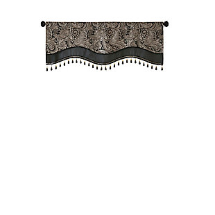 For a unique and luxuriously classic style, our Madison Park Aubrey Beaded Valance is the perfect extra touch to your decor. 
The alluring jacquard weave is inspired from an updated paisley motif and is woven in beautiful hues of black, gold, and a hint of silver for a shimmering accent. 
The window valance features solid faux silk piecing and flat piping details, while delicately finished with a scalloped bottom design and intricate gold bead trim, creating an intriguing elegant look. This window panel is also OEKO-TEX certified, meaning it does not contain any harmful substances or chemicals, ensuring quality comfort and wellness. 
Simply hang on rod pocket; fits up to a 1.25 diameter rod.Imported | Paisley jacquard design valance | Piping and contrast solid border detailing | Scalloped bottom design with bead trimming | Oeko-tex certified, includes no harmful substances or chemicals (#sh025 157066) | Fits up to 1.25 inches rod diameter | Machine washable