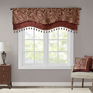 For a unique and luxuriously classic style, our Madison Park Aubrey Beaded Valance is the perfect extra touch to your decor. 
The alluring jacquard weave is inspired from an updated paisley motif and is woven in beautiful hues of burnt red, gold, and a hint of silver for a shimmering accent. 
The window valance features solid faux silk piecing and flat piping details, while delicately finished with a scalloped bottom design and intricate gold bead trim, creating an intriguing elegant look. This window panel is also OEKO-TEX certified, meaning it does not contain any harmful substances or chemicals, ensuring quality comfort and wellness. 
Simply hang on rod pocket; fits up to a 1.25 diameter rod.Imported | Paisley jacquard design valance | Piping and contrast solid border detailing | Scalloped bottom design with bead trimming | Oeko-tex certified, includes no harmful substances or chemicals (#sh025 157066) | Fits up to 1.25 inches rod diameter | Machine washable