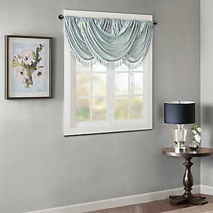 Bring style and sophistication to your windows, with our Elena Waterfall window valance. This classy dusty aqua valance showcases rich center draping details and a beautiful tassel trim, combined with the faux silk fabric for a rich sheen and stylish update. Features added lining and a rod pocket top finish; fits up to 1.25" diameter rod. Part of our decorative valance collection, this valance is perfect as a stylish addition to any small window or even better as a layering piece to dress up any window panel. This window valance is also OEKO-TEX certified, meaning it does not contain any harmful substances or chemicals, ensuring quality comfort and wellness. Multiple valances used to create this look.Imported | Faux silk luxe light sheen fabric window valance | Center waterfall drape design | Fits up 1.25" diameter rod | Tassel trim embellishment detailing | Oeko-tex certified, includes no harmful substances or chemicals (# bj025 173578) | Added lining for finish touch | Coordinating window panel available and sold separately | Machine washable for easy care