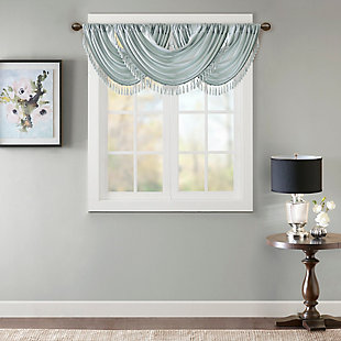 Bring style and sophistication to your windows, with our Elena Waterfall window valance. This classy dusty aqua valance showcases rich center draping details and a beautiful tassel trim, combined with the faux silk fabric for a rich sheen and stylish update. Features added lining and a rod pocket top finish; fits up to 1.25" diameter rod. Part of our decorative valance collection, this valance is perfect as a stylish addition to any small window or even better as a layering piece to dress up any window panel. This window valance is also OEKO-TEX certified, meaning it does not contain any harmful substances or chemicals, ensuring quality comfort and wellness. Multiple valances used to create this look.Imported | Faux silk luxe light sheen fabric window valance | Center waterfall drape design | Fits up 1.25" diameter rod | Tassel trim embellishment detailing | Oeko-tex certified, includes no harmful substances or chemicals (# bj025 173578) | Added lining for finish touch | Coordinating window panel available and sold separately | Machine washable for easy care