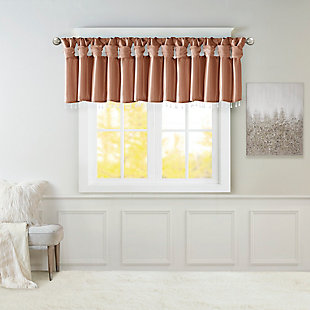 Give your home a decorator’s touch with the Madison Park Emilia Window Valance. Made from a faux silk fabric, this elegant window valance features a DIY twist tab top finish that creates rich deep folds, combined with a beautiful bead trim for an alluring charm. Added lining offers more privacy and a fuller appearance, while the luxurious sheen and rich spice tone provides a touch of sophistication to your decor. Easy to hang, this tab top valance updates any decor into subtle glamour. Hanging instructions are included. Fits up to a 2" diameter rod.Imported | Transitional valance in solid faux silk with beads | Coordinating to the window curtain in various colors and sizes | Diy twisted tab top finish that fits up to 2 inches rod diameter | Lined for privacy and drapability | Need 2 valances for each window | Machine washable