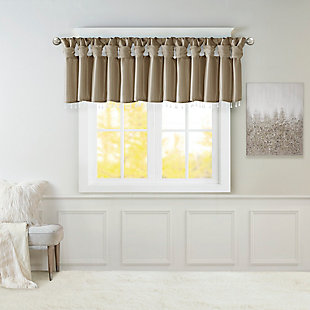Give your home a decorator’s touch with the Madison Park Emilia Window Valance. Made from a faux silk fabric, this elegant window valance features a DIY twist tab top finish that creates rich deep folds, combined with a beautiful bead trim for an alluring charm. Added lining offers more privacy and a fuller appearance, while the luxurious sheen and rich pewter tone provides a touch of sophistication to your decor. Easy to hang, this tab top valance updates any decor into subtle glamour. Hanging instructions are included. Fits up to a 2" diameter rod.Imported | Transitional valance in solid faux silk with beads | Coordinating to the window curtain in various colors and sizes | Diy twisted tab top finish that fits up to 2 inches rod diameter | Lined for privacy and drapability | Need 2 valances for each window | Machine washable