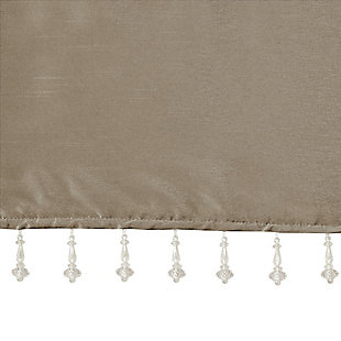 Give your home a decorator’s touch with the Madison Park Emilia Window Valance. Made from a faux silk fabric, this elegant window valance features a DIY twist tab top finish that creates rich deep folds, combined with a beautiful bead trim for an alluring charm. Added lining offers more privacy and a fuller appearance, while the luxurious sheen and rich pewter tone provides a touch of sophistication to your decor. Easy to hang, this tab top valance updates any decor into subtle glamour. Hanging instructions are included. Fits up to a 2" diameter rod.Imported | Transitional valance in solid faux silk with beads | Coordinating to the window curtain in various colors and sizes | Diy twisted tab top finish that fits up to 2 inches rod diameter | Lined for privacy and drapability | Need 2 valances for each window | Machine washable