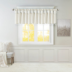 Give your home a decorator’s touch with the Madison Park Emilia Window Valance. Made from a faux silk fabric, this elegant window valance features a DIY twist tab top finish that creates rich deep folds, combined with a beautiful bead trim for an alluring charm. Added lining offers more privacy and a fuller appearance, while the luxurious sheen and rich white tone provides a touch of sophistication to your decor. Easy to hang, this tab top valance updates any decor into subtle glamour. Hanging instructions are included. Fits up to a 2" diameter rod.Imported | Transitional valance in solid faux silk with beads | Coordinating to the window curtain in various colors and sizes | Diy twisted tab top finish that fits up to 2 inches rod diameter | Lined for privacy and drapability | Need 2 valances for each window | Machine washable