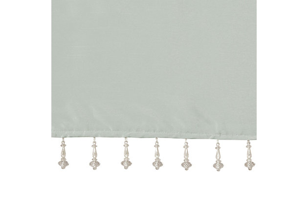 Give your home a decorator’s touch with the Madison Park Emilia Window Valance. Made from a faux silk fabric, this elegant window valance features a DIY twist tab top finish that creates rich deep folds, combined with a beautiful bead trim for an alluring charm. Added lining offers more privacy and a fuller appearance, while the luxurious sheen and dusty aqua tone provides a touch of sophistication to your decor. Easy to hang, this tab top valance updates any decor into subtle glamour. Hanging instructions are included. Fits up to a 2" diameter rod.Imported | Transitional valance in solid faux silk with beads | Coordinating to the window curtain in various colors and sizes | Diy twisted tab top finish that fits up to 2 inches rod diameter | Lined for privacy and drapability | Need 2 valances for each window | Machine washable