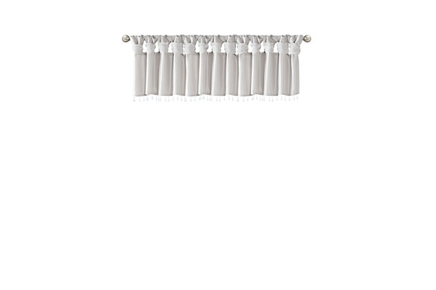 Give your home a decorator’s touch with the Madison Park Emilia Window Valance. Made from a faux silk fabric, this elegant window valance features a DIY twist tab top finish that creates rich deep folds, combined with a beautiful bead trim for an alluring charm. Added lining offers more privacy and a fuller appearance, while the luxurious sheen and rich silver tone provides a touch of sophistication to your decor. Easy to hang, this tab top valance updates any decor into subtle glamour. Hanging instructions are included. Fits up to a 2" diameter rod.Imported | Transitional valance in solid faux silk with beads | Coordinating to the window curtain in various colors and sizes | Diy twisted tab top finish that fits up to 2 inches rod diameter | Lined for privacy and drapability | Need 2 valances for each window | Machine washable