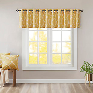 For a casual and stylish update, our Madison Park Saratoga Fret Print Window Valance is the perfect addition to any decor. This valance features a trendy light beige fretwork on a soft yellow ground, creating a simple yet modern look. The cotton blend basket weave fabric softly filters the perfect amount of sunlight into your home, while providing texture for natural appeal. Silver grommet top detail makes this panel easy to hang, open, and close throughout the day. Fits up to a 1.25" diameter rod.Imported | Scroll geometric fretwork print design valance for window decor | Metallic print detailing on basketweave fabric | Valence dimension 50x18 inches | Silver grommet top finish fits up to 1.25 inches rod in diameter | Machine washable