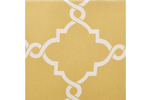 For a casual and stylish update, our Madison Park Saratoga Fret Print Window Valance is the perfect addition to any decor. This valance features a trendy light beige fretwork on a soft yellow ground, creating a simple yet modern look. The cotton blend basket weave fabric softly filters the perfect amount of sunlight into your home, while providing texture for natural appeal. Silver grommet top detail makes this panel easy to hang, open, and close throughout the day. Fits up to a 1.25" diameter rod.Imported | Scroll geometric fretwork print design valance for window decor | Metallic print detailing on basketweave fabric | Valence dimension 50x18 inches | Silver grommet top finish fits up to 1.25 inches rod in diameter | Machine washable