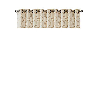 For a casual and stylish update, our Madison Park Saratoga Fret Print Window Valance is the perfect addition to any decor. This valance features a trendy metallic gold fretwork on a soft beige ground, creating a simple yet modern look. The cotton blend basket weave fabric softly filters the perfect amount of sunlight into your home, while providing texture for natural appeal. Silver grommet top detail makes this panel easy to hang, open, and close throughout the day. Fits up to a 1.25" diameter rod.Imported | Scroll geometric fretwork print design valance for window decor | Metallic print detailing on basketweave fabric | Valence dimension 50x18 inches | Silver grommet top finish fits up to 1.25 inches rod in diameter | Machine washable