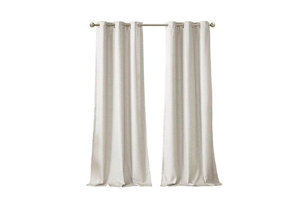 Elevate your decor with the modern style and function of our SunSmart Como Tonal Printed Faux Silk Total Blackout Panel Pair. This blackout curtain pair flaunts a tonal ivory hue on a faux silk textured fabric that creates a beautiful and rich modern look. Also achieving the OEKO-TEX certification, these curtains do not contain any harmful substances or chemicals ensuring quality comfort and wellness. Each panel features a heavyweight light grey foamback on the reverse making it 100% total blackout, blocking out all outside light, noise, and intrusion for the highest level of privacy. Using thermal technology, the total blackout curtain also helps provide maximum energy savings by keeping your room the perfect temperature throughout the year. Easily hang, open, and close panels throughout the day with the silver grommet top finish; this total blackout window panel pair is perfect for use in bedrooms, media rooms, or any private space providing a pitch black ambiance lighting level when curtains are fully closed.Imported | Modern contemporary tonal printed faux silk textured base curtain panel pair | Silver grommet top that will fit up to 1.25 inches rod in diameter | Added light gray heavyweight 2pass foamback lining for 100% total blackout | 100% total blackout provides maximum barrier to block out all exterior light and noise intrusion | Energy efficient with thermal technology for maximum energy savings and high level of privacy | Oeko-tex certified, includes no harmful substances or chemicals (#20.hcn.14341) | Provides a pitch black ambiance for lighting level when curtains are completely closed, making it perfect for any bedrooms, media rooms, any private spaces | Panel pair is available in 63, 84 or 95 inches length | Machine washable for easy care