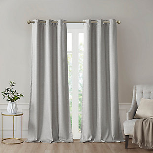 Elevate your decor with the modern style and function of our SunSmart Como Tonal Printed Faux Silk Total Blackout Panel Pair. This blackout curtain pair flaunts a tonal grey hue on a faux silk textured fabric that creates a beautiful and rich modern look. Also achieving the OEKO-TEX certification, these curtains do not contain any harmful substances or chemicals ensuring quality comfort and wellness. Each panel features a heavyweight light grey foamback on the reverse making it 100% total blackout, blocking out all outside light, noise, and intrusion for the highest level of privacy. Using thermal technology, the total blackout curtain also helps provide maximum energy savings by keeping your room the perfect temperature throughout the year. Easily hang, open, and close panels throughout the day with the silver grommet top finish; this total blackout window panel pair is perfect for use in bedrooms, media rooms, or any private space providing a pitch black ambiance lighting level when curtains are fully closed.Imported | Modern contemporary tonal printed faux silk textured base curtain panel pair | Silver grommet top that will fit up to 1.25 inches rod in diameter | Added light gray heavyweight 2pass foamback lining for 100% total blackout | 100% total blackout provides maximum barrier to block out all exterior light and noise intrusion | Energy efficient with thermal technology for maximum energy savings and high level of privacy | Oeko-tex certified, includes no harmful substances or chemicals (#20.hcn.14341) | Provides a pitch black ambiance for lighting level when curtains are completely closed, making it perfect for any bedrooms, media rooms, any private spaces | Panel pair is available in 63, 84 or 95 inches length | Machine washable for easy care